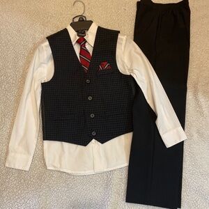 TFW Toddler Boys Dress Up Black Red, Size 8, Tie Vest, Slacks, Shirt, 4-Piece